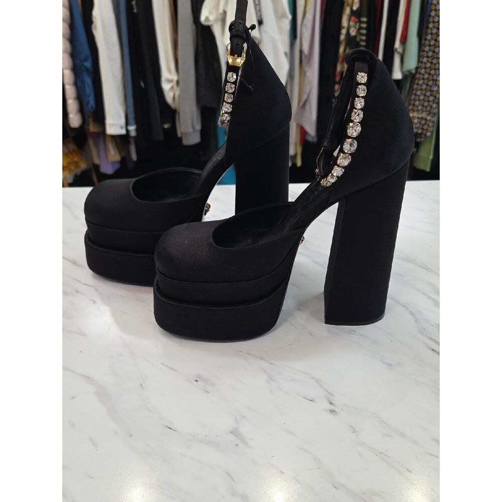 Versace Black Suede Platform Pumps with Crystal Ankle Strap